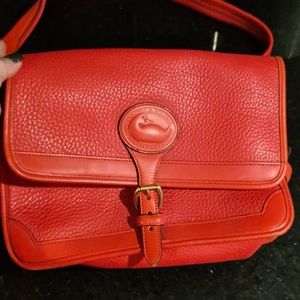 Red leather handbag